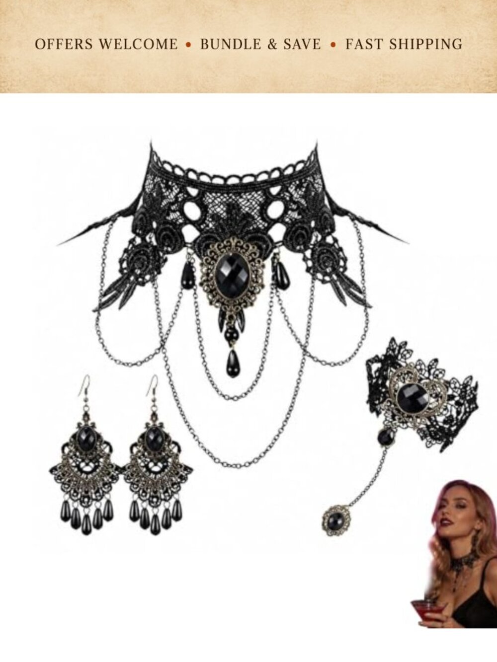 4 Piece Gothic Choker Jewelry Set Lace Necklace Bracelet Rhinestone Earrings